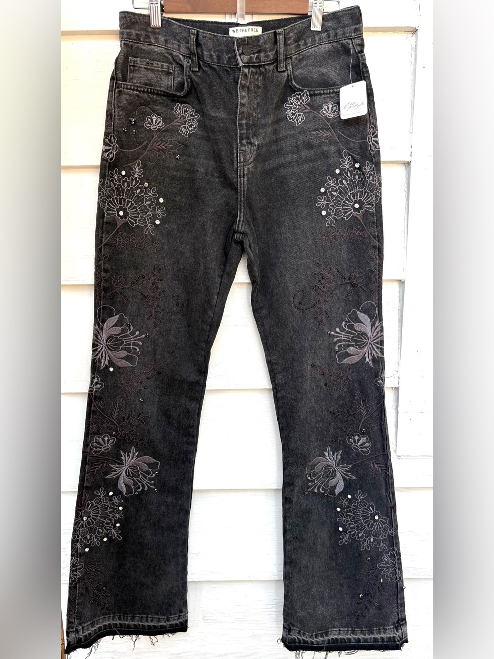 NWT Free People phantom black embroidered rhinestone jeans, size 28. $268 msrp.